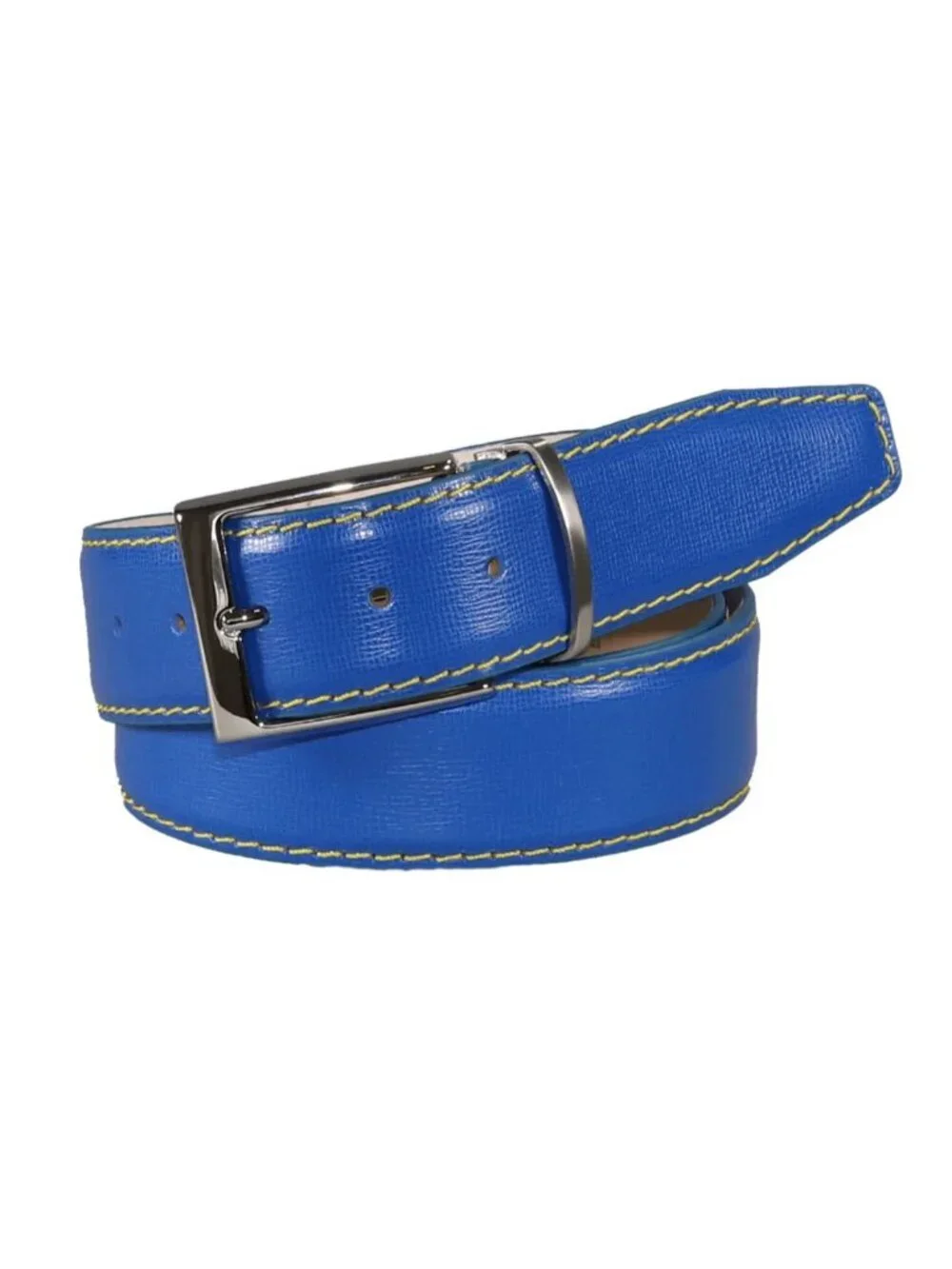 Roger Ximenez Men's Italian Calf Leather Blue  Yellow Stitching Belt 46 Inches